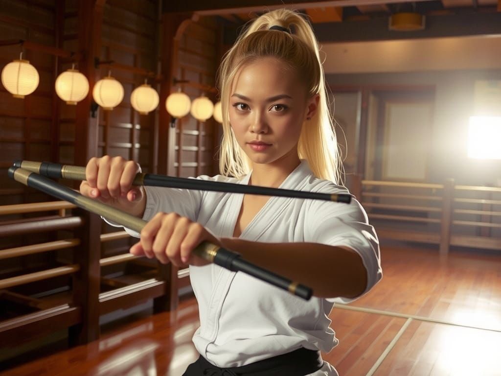Woman Warrior with Fighting Sticks in Dojo