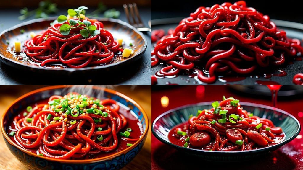 Exotic Iron-Rich Noodle Dish in Dark, Moody Style