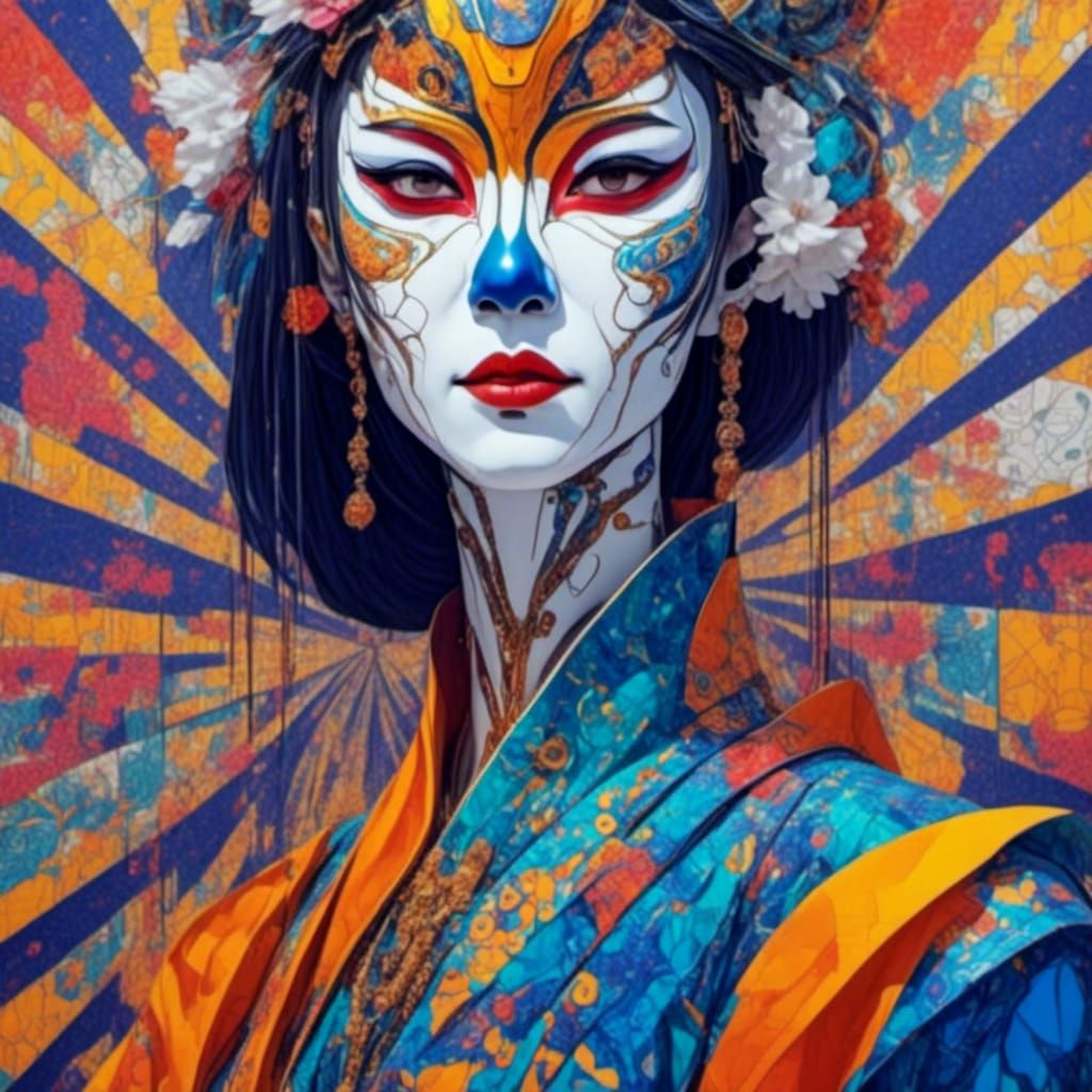 Geisha Android Kabuki Dancer in Cubist Art Deco Style