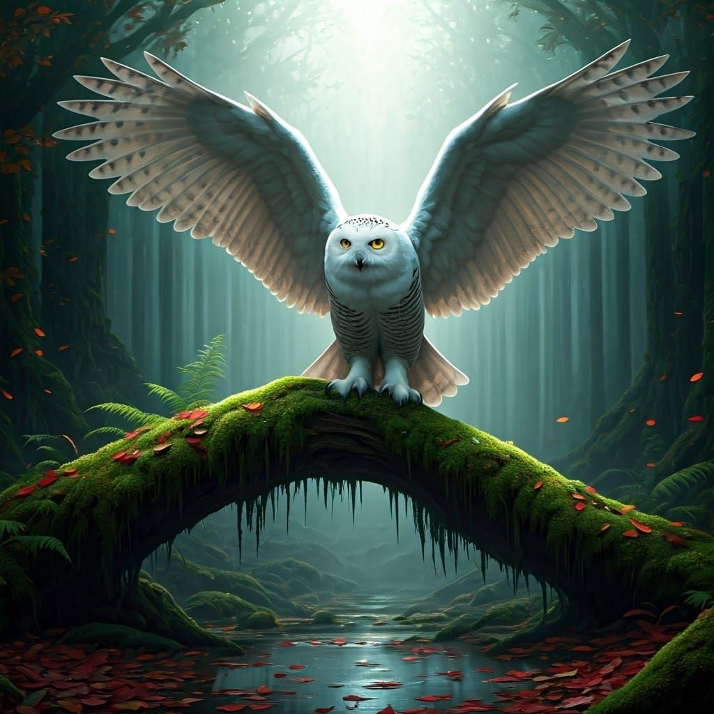 Majestic Snow Owl Embracing Misty Forest, Matte Painting