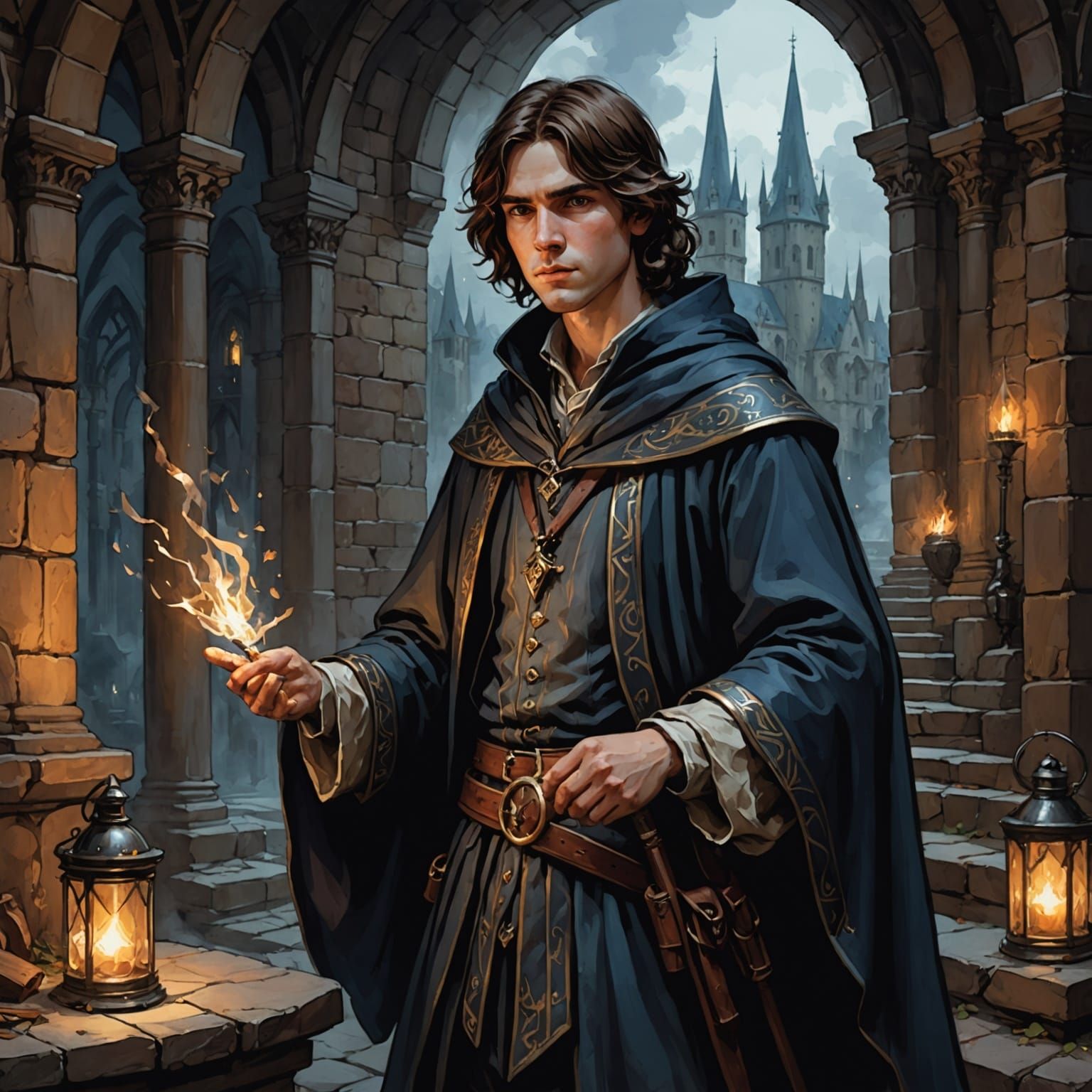 Chiaroscuro Watercolor Painting of a Boy Wizard