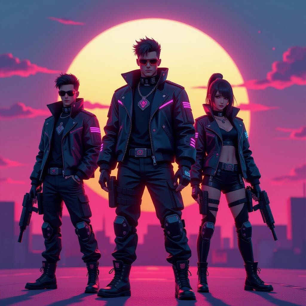 Cyberpunk Monster Hunters in K-Pop Anime Style