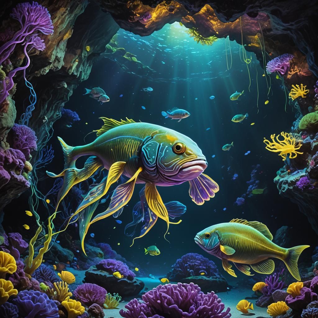 Bioluminescent Fish Attracts School in Underwater Cave