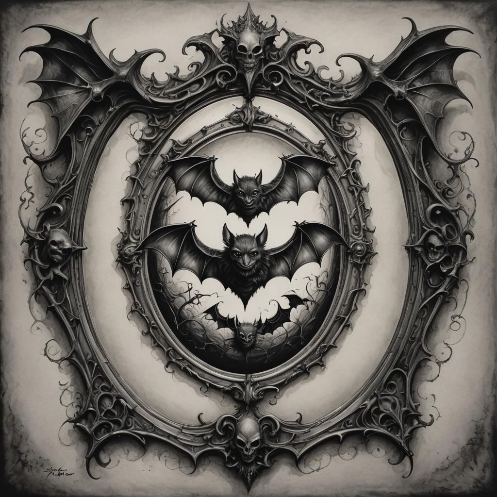 Bat Mirror in Tim Burton Style Charcoal Sketch