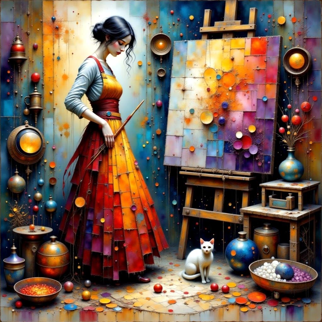Painter in Studio with Cat: Mixed Media Art
