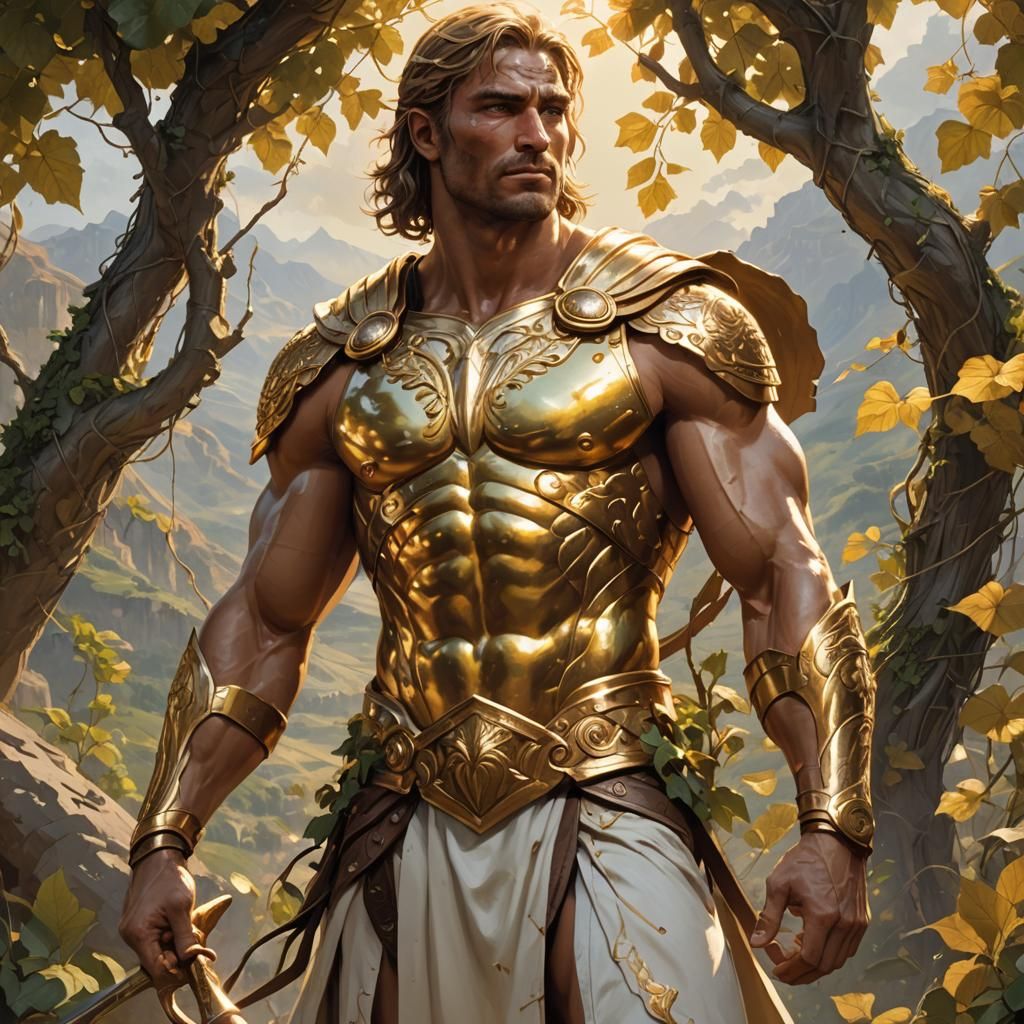 Golden Grecian God in Valley: Hyperdetailed Concept Art