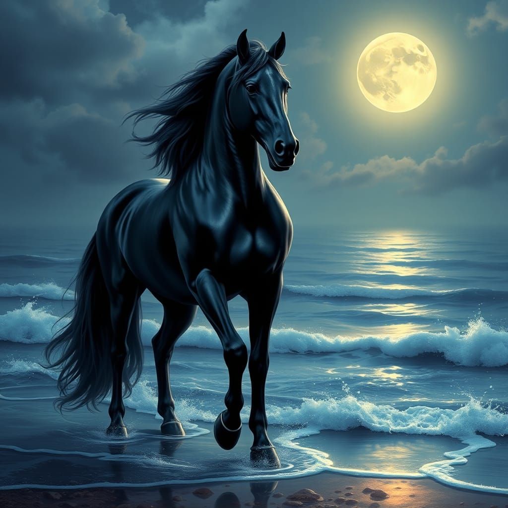 Regal Black Horse at Moonlit Sea