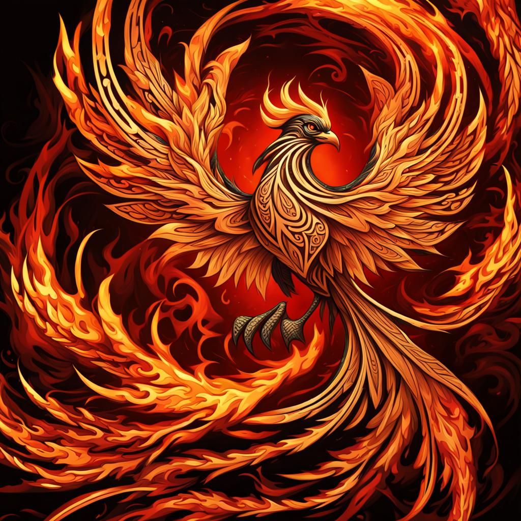 Flame inspired tribal phoenix art 8K resolution
