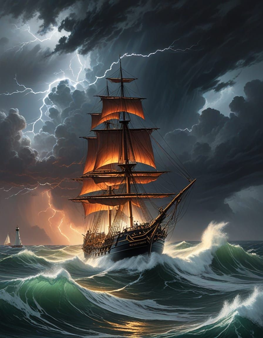 Dramatic Lighthouse and Frigate in Stormy Sea Painting