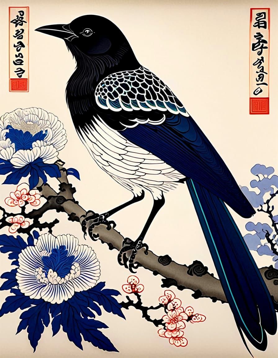 Ornate Korean Magpie in Traditional Minhwa Style