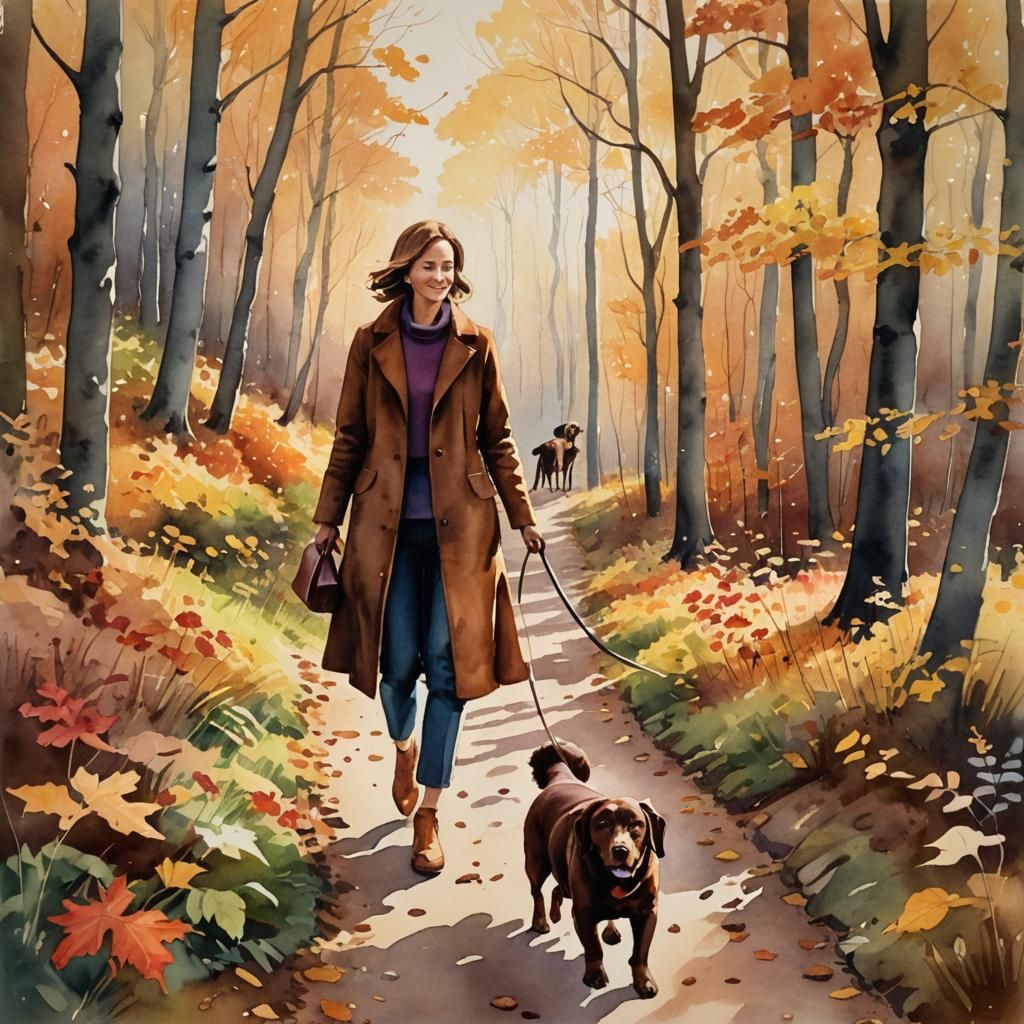 Woman Walks Dogs on Forest Path: Watercolor Painting