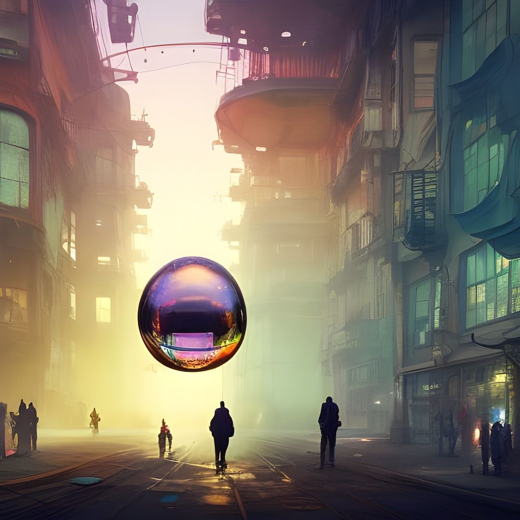 Steampunk City: People in Floating Glass Bubble