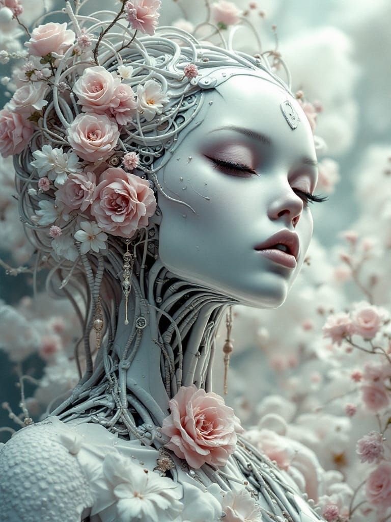 Cyberpunk Floral Android in Whimsical Baroque Style