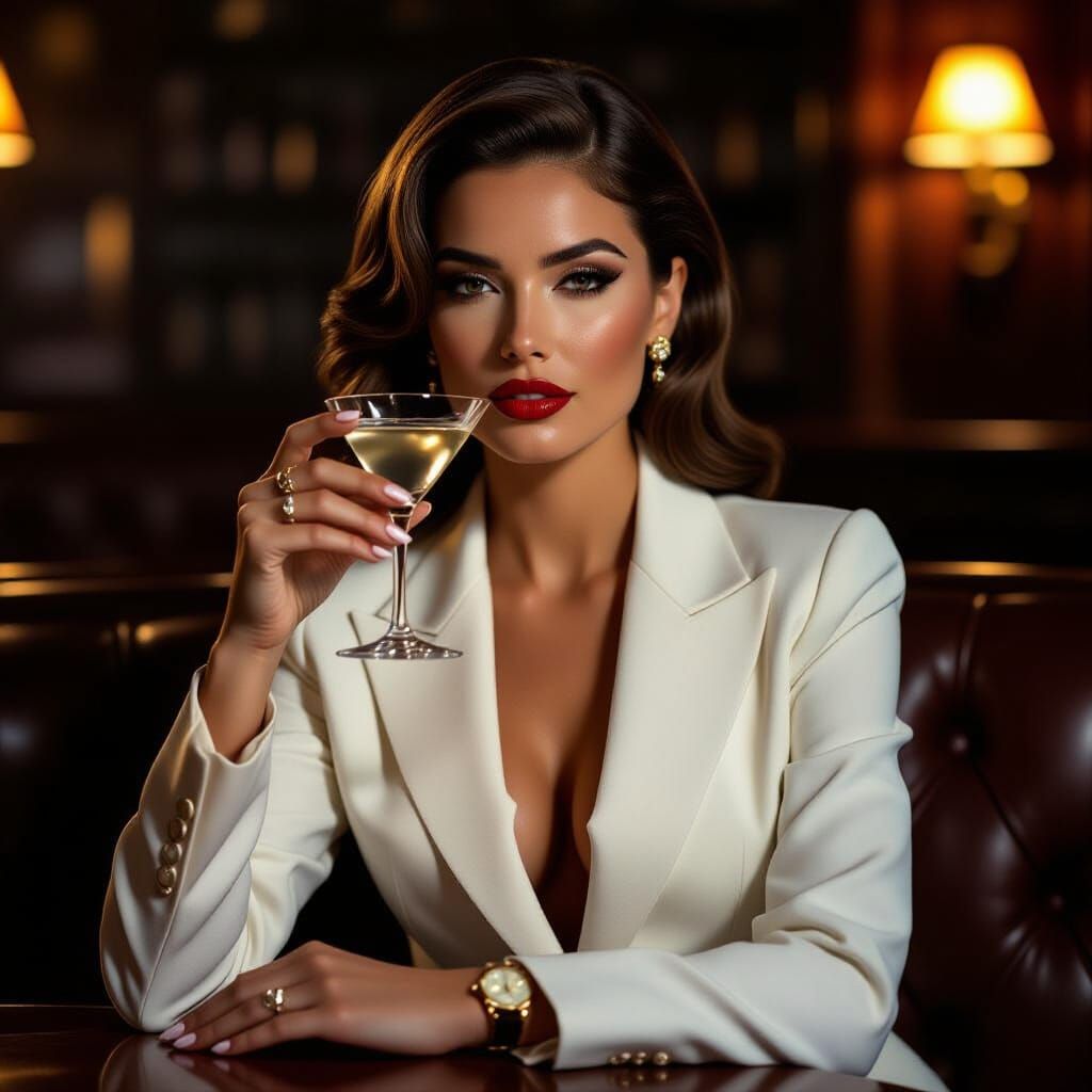 Mafia Woman Sips Martini in Jazz Club Lighting