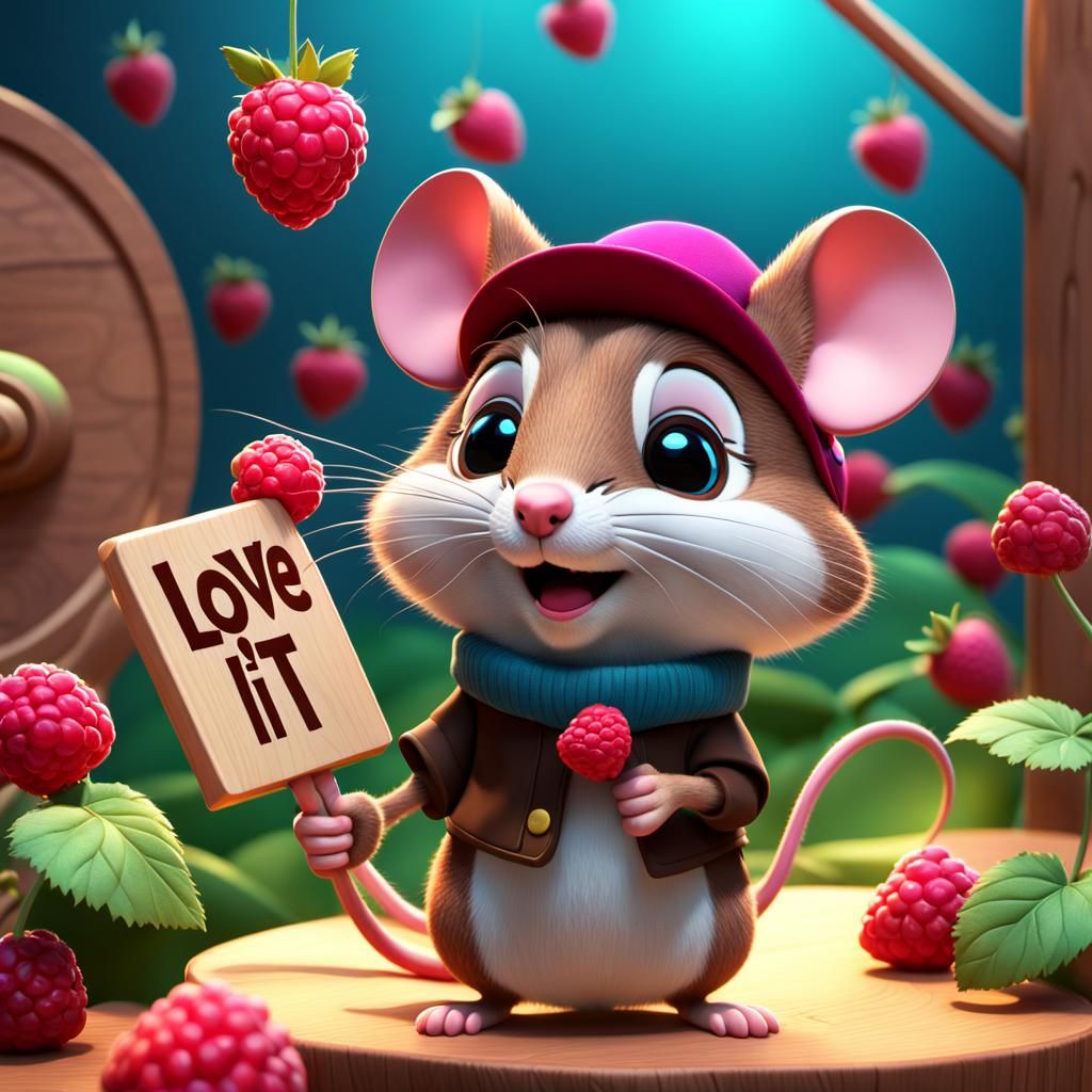Cute Mouse with Raspberry Hat in Pixar Style