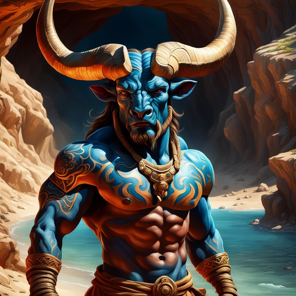 Minotaur Emerges onto Sunlit Beach: 8K Concept Art