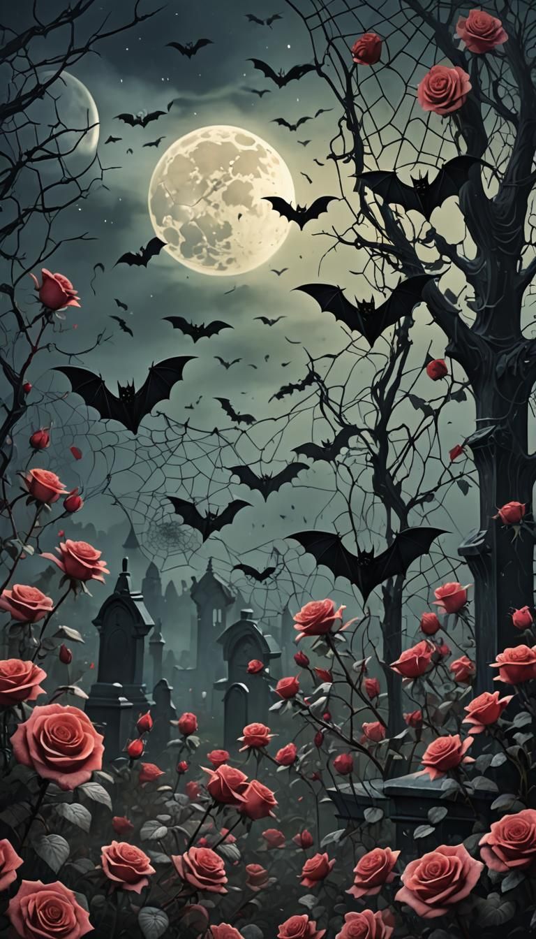 Eerie Gothic Roses with Bats in Dark Academism