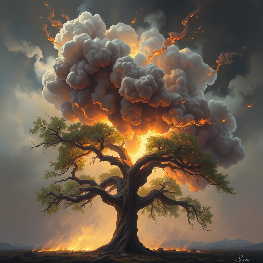 Ancient Tree Engulfed in Flames: A Fauvist Landscape