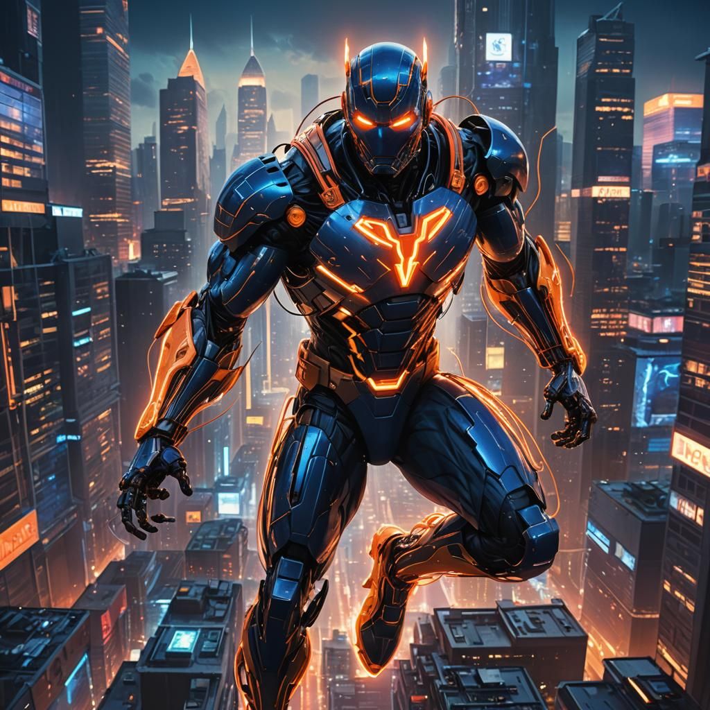 Neon Superhero in Futuristic Cityscape
