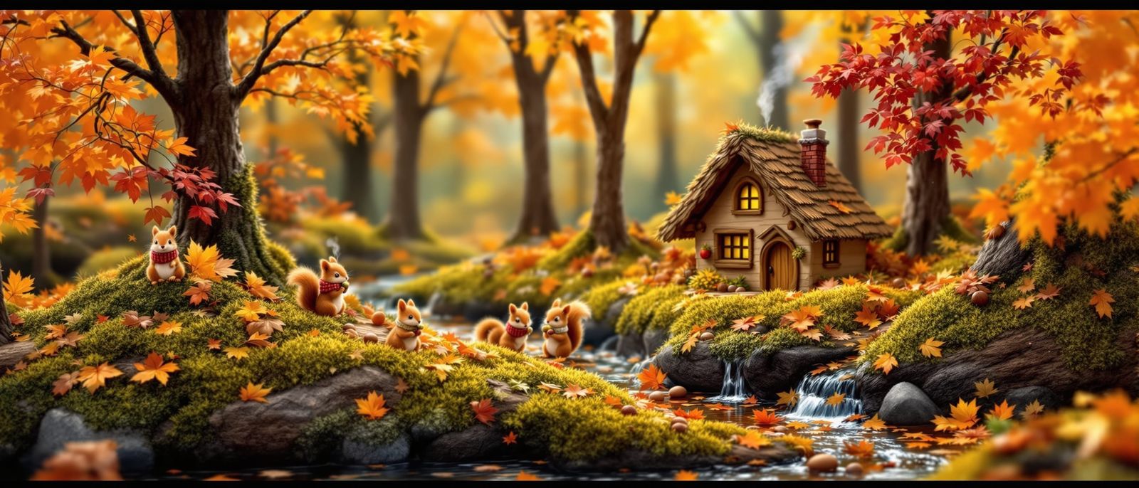 Miniature Autumn Forest in Log: Storybook Illustration Style