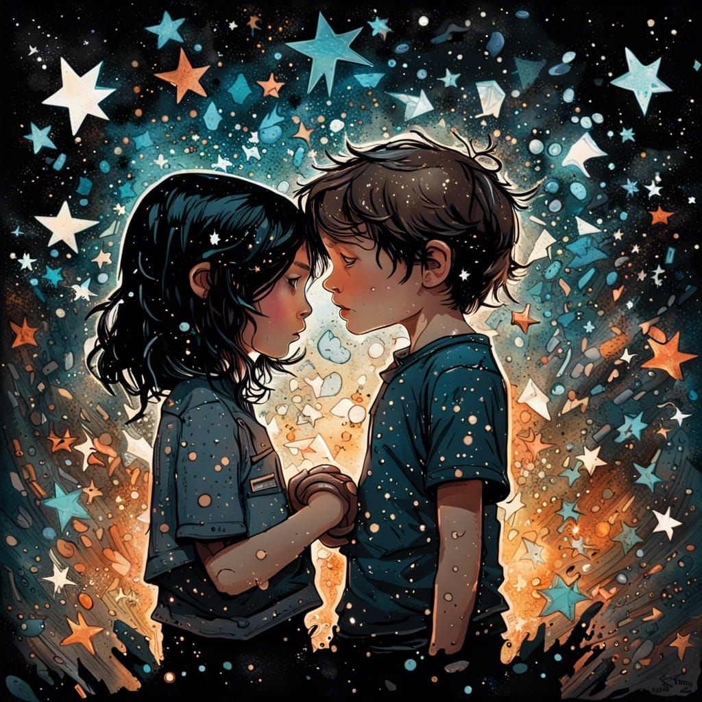 Romantic Starlit Embrace in Digital Splash Art