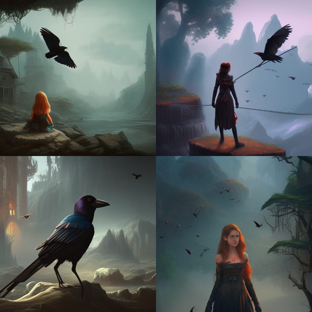 Lonely Girl Amidst Crows: Detailed Matte Painting