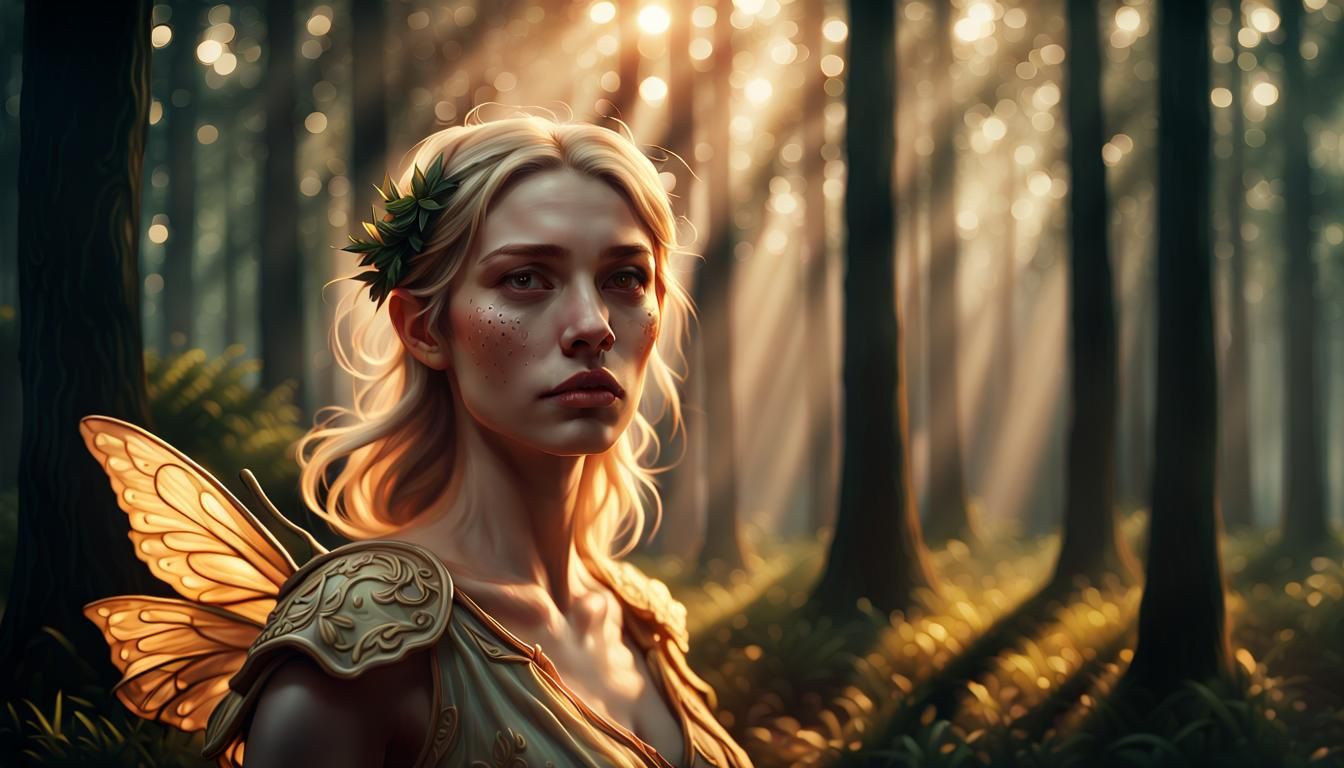 Fairy in Human Disguise in Forest, Hyper-Realistic Portrait