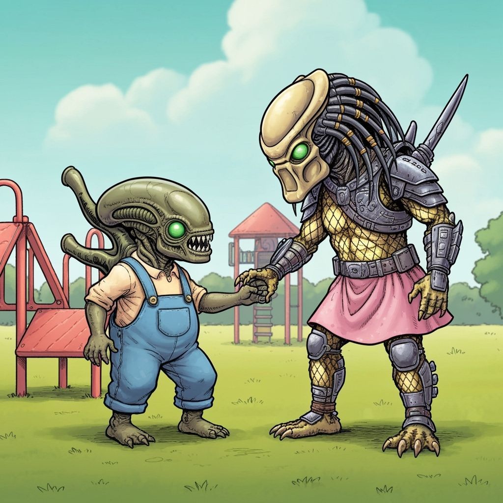 Cute Xenomorph and Predator Play Together in Comic Style