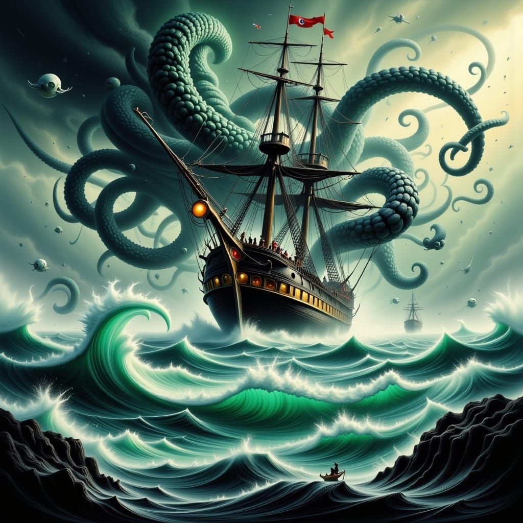 Kraken Attacks Sailing Ship in Abstract, Fantastical Style