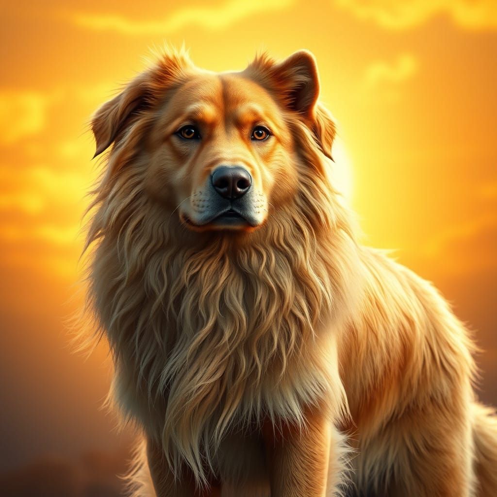 Majestic Golden Dog in Fantasy Realm at Dawn