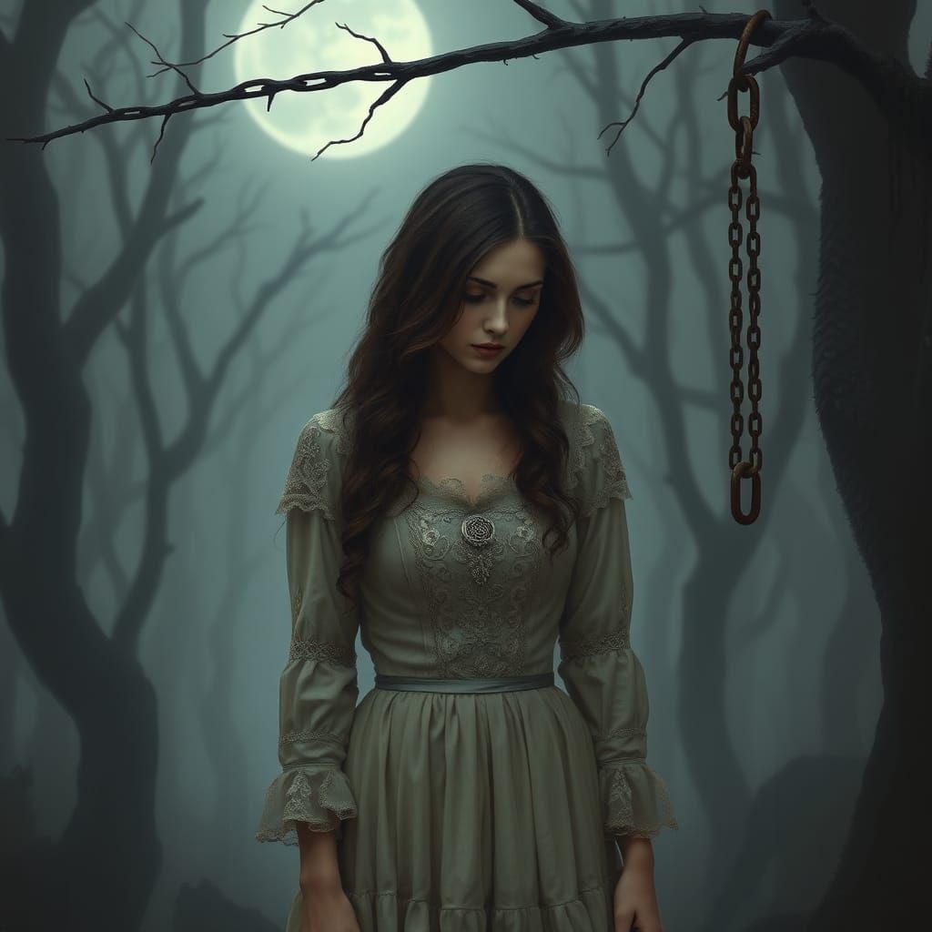 Melancholic Victorian Woman in Misty Forest