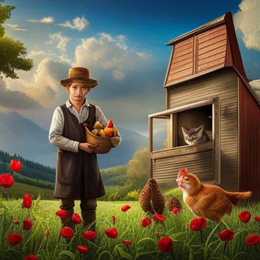Farmer Cat and Chickens: Hyperrealistic Fantasy