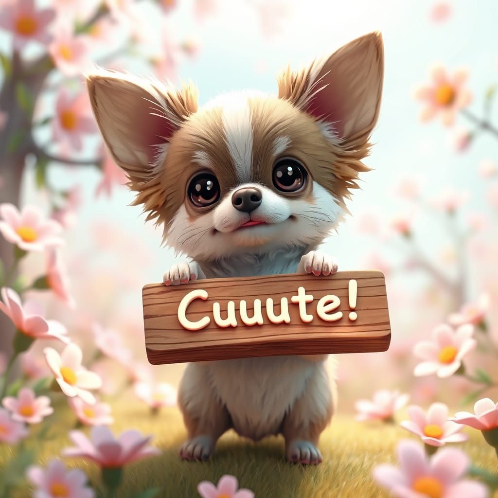 Fluffy Chihuahua Holds "Cuuute!" Table in Surreal Wonderland