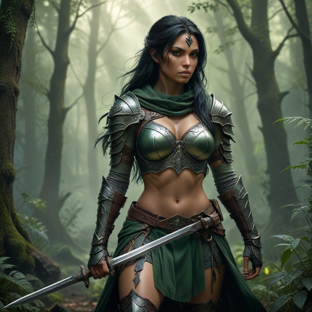 Seductive Dark Fantasy Warrior in Lush Greenery