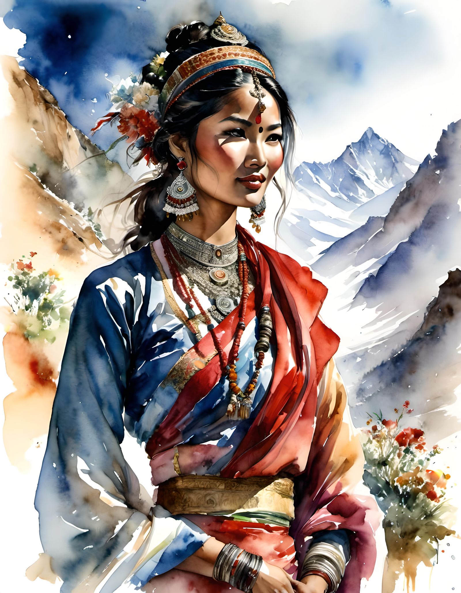 བདེ་སྐྱིད (Diki) | Tibetan aquarelle portrait (WatercolorMix...