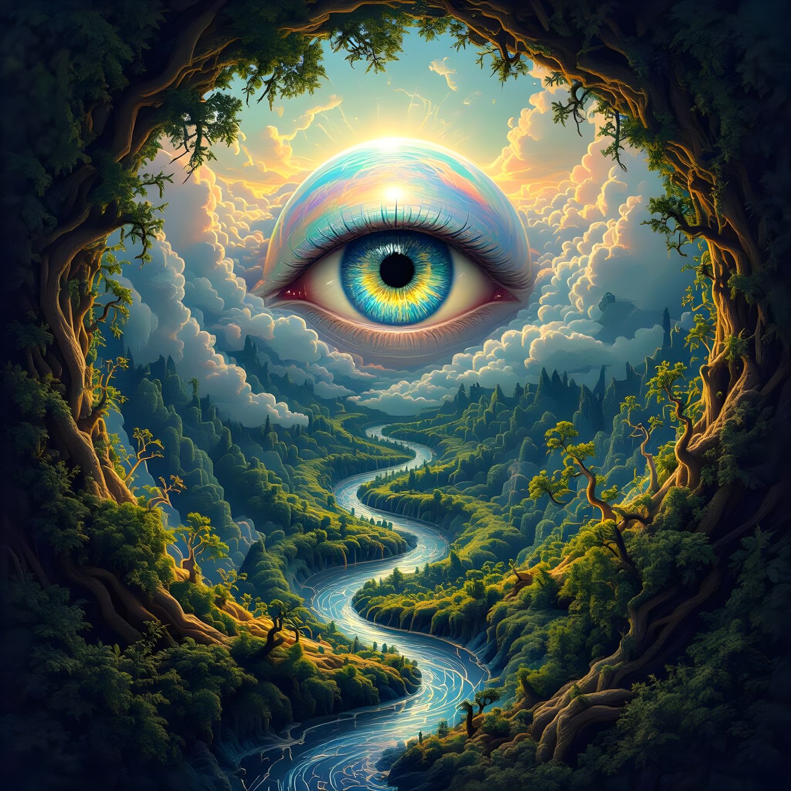 Surreal Eyeball Landscape with Spinning Vortex
