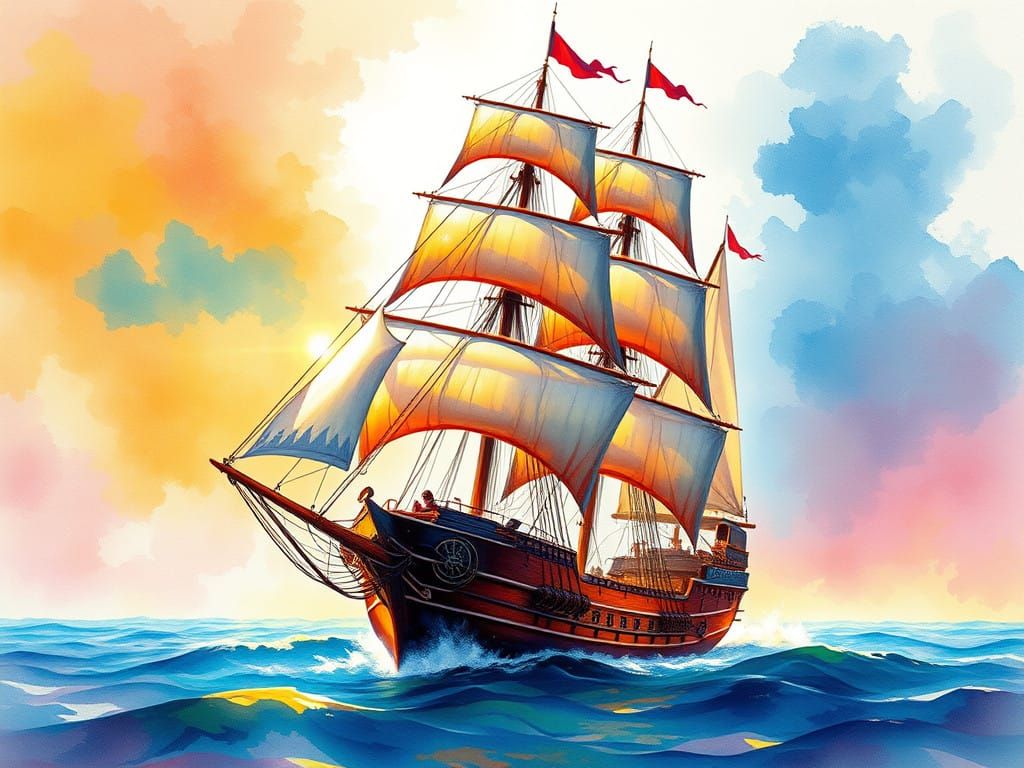 Surreal Sailing Ship with Dreamy Watercolor Background