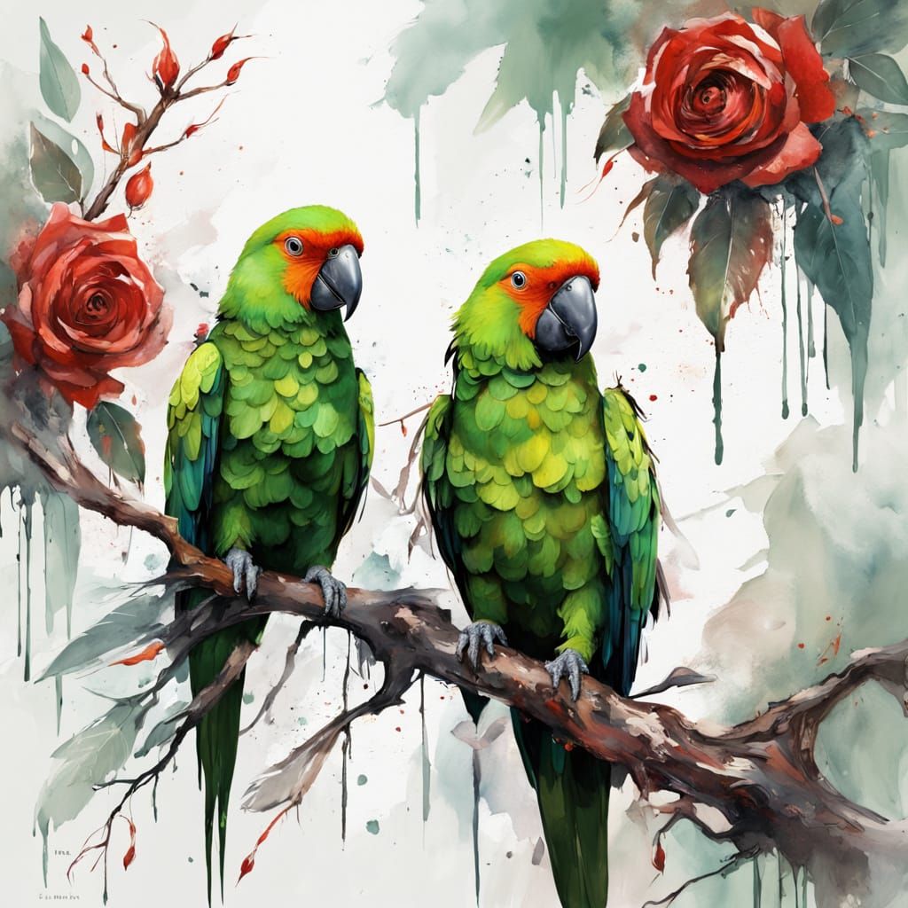 Eclectus Parrot on Melting Branch in Surreal Watercolour