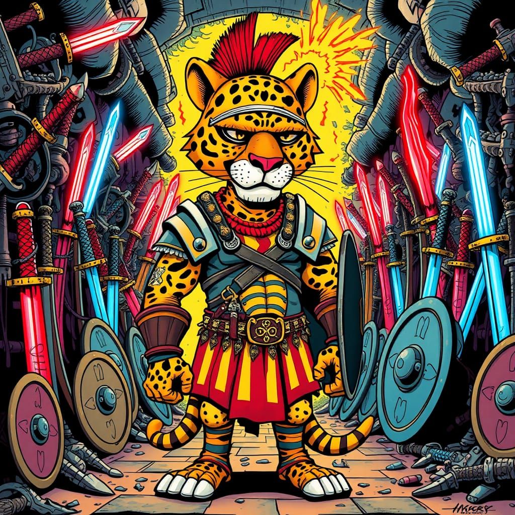 Cartoon Roman Leopard Centurion in Crumb-Moebius Style