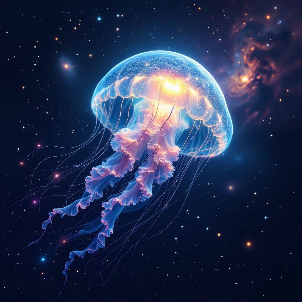 Bioluminescent Jellyfish in Cosmic Stardust Nebula