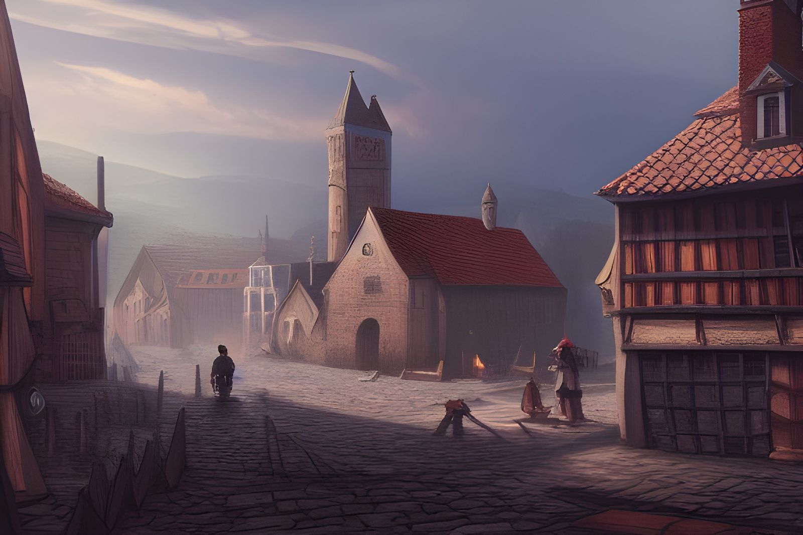 Detailed Medieval Town Digital Illustration in Fantasy Style