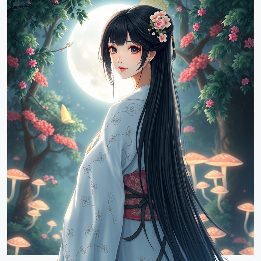 Majestic Shinto Goddess of the Moon in Vibrant Cyberpunk Fan...