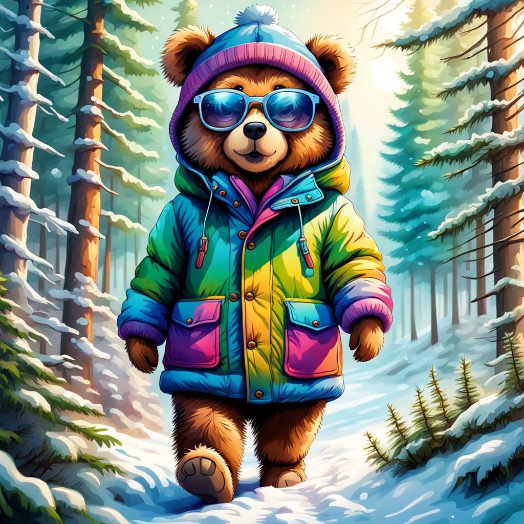 Happy Teddy Bear Stroll Through Winter Forest