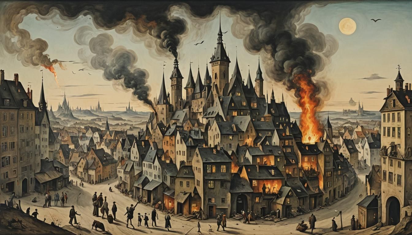 Surreal Flaming Word Over Expressionist Cityscape