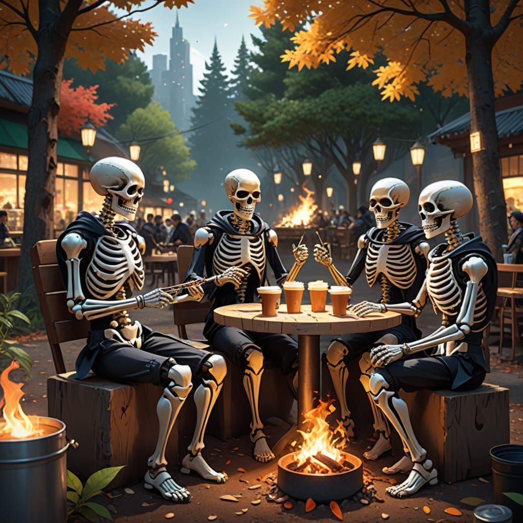 Skeletal Musicians in Forest: 3D Anime Art