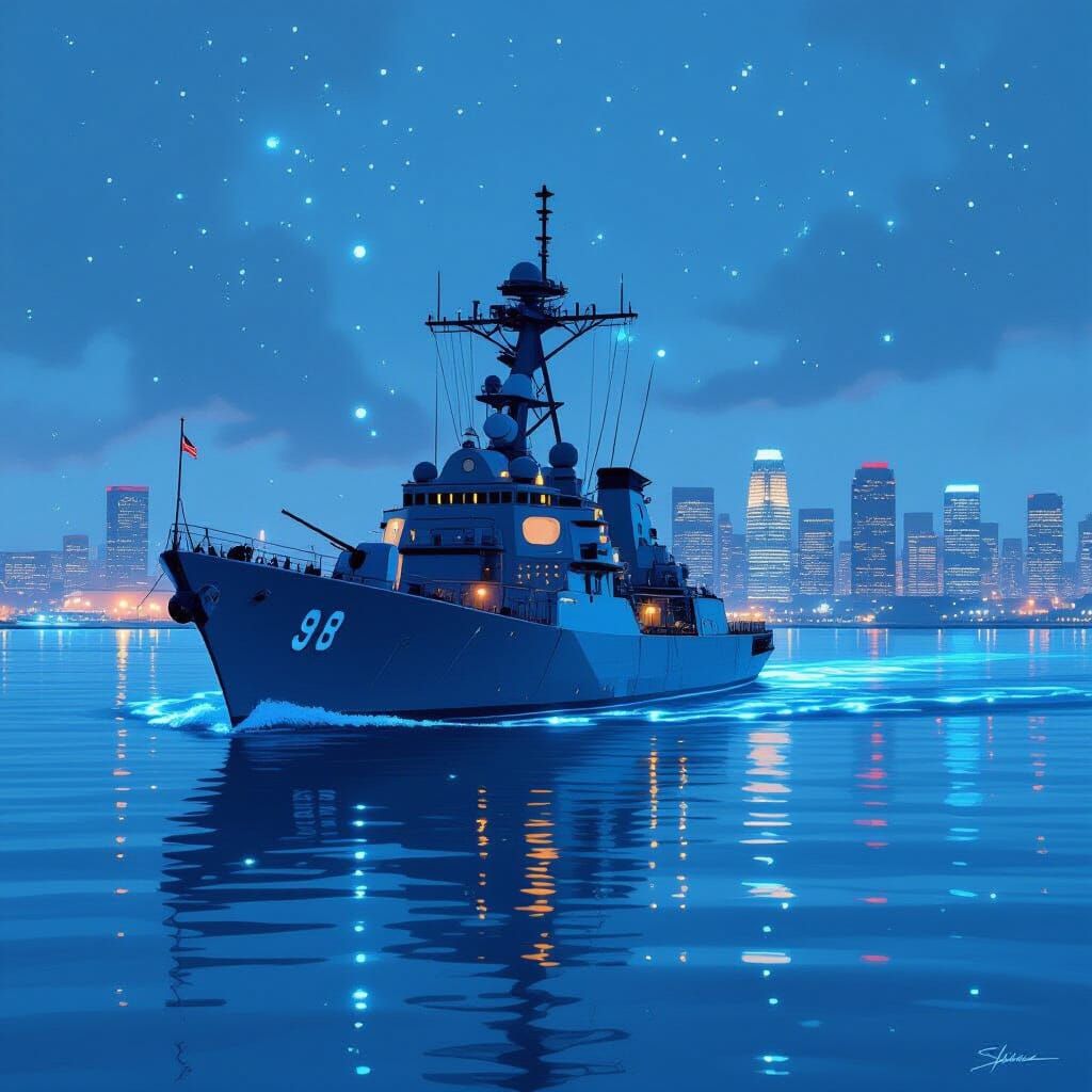 Navy Ship Anchored in Bioluminescent San Diego Bay