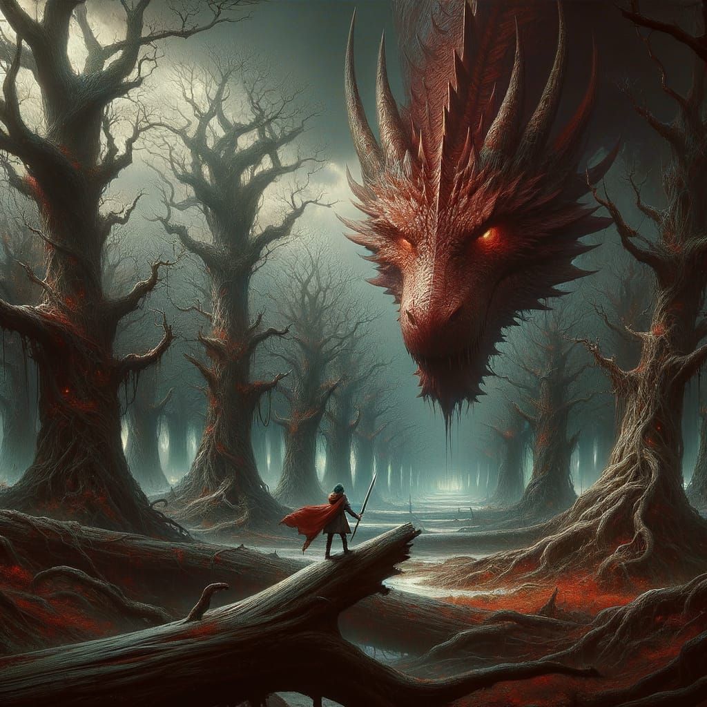 Fantasy Forest: Explorer and Dragon in Impressionistic Style
