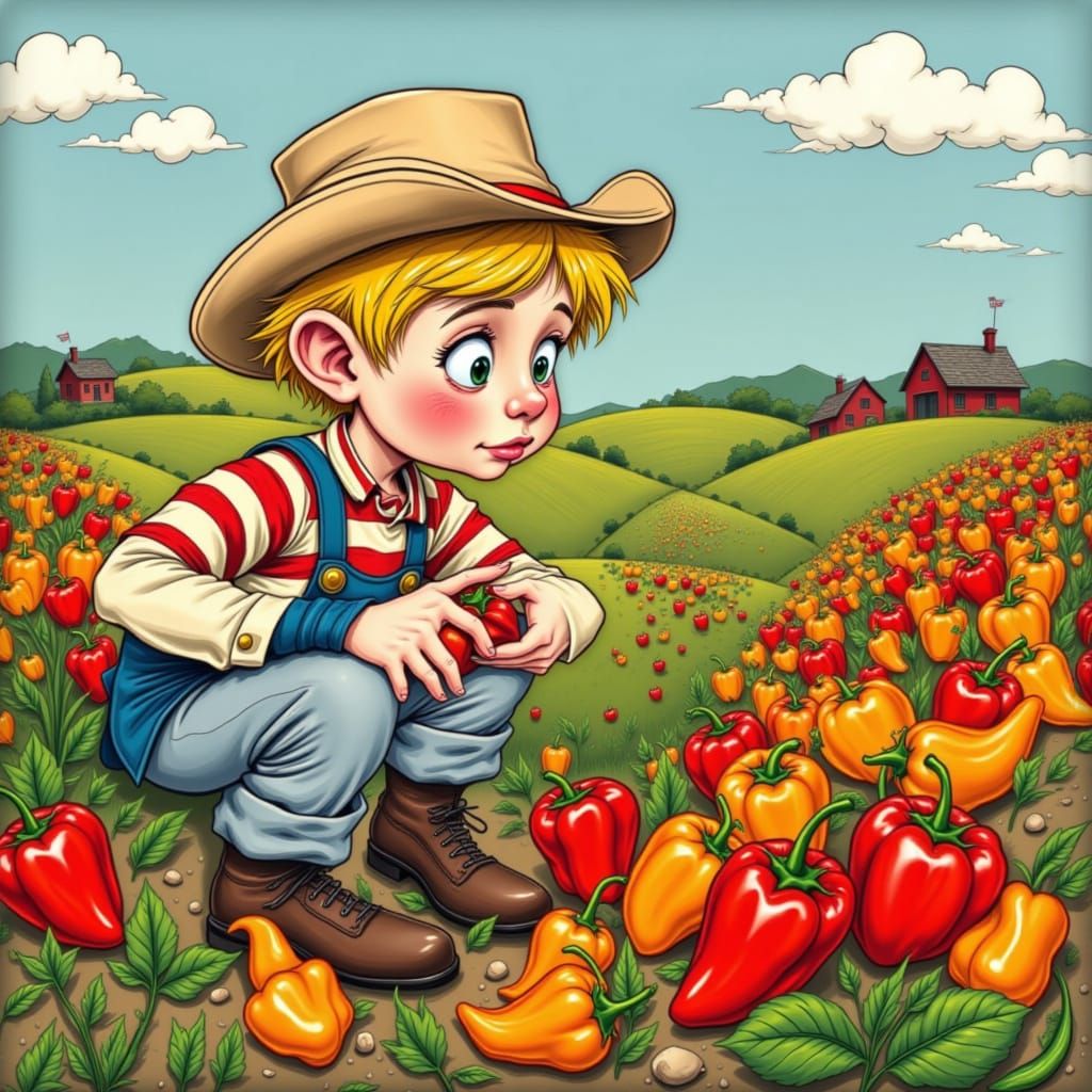 Boy Picking Peppers in Whimsical Style