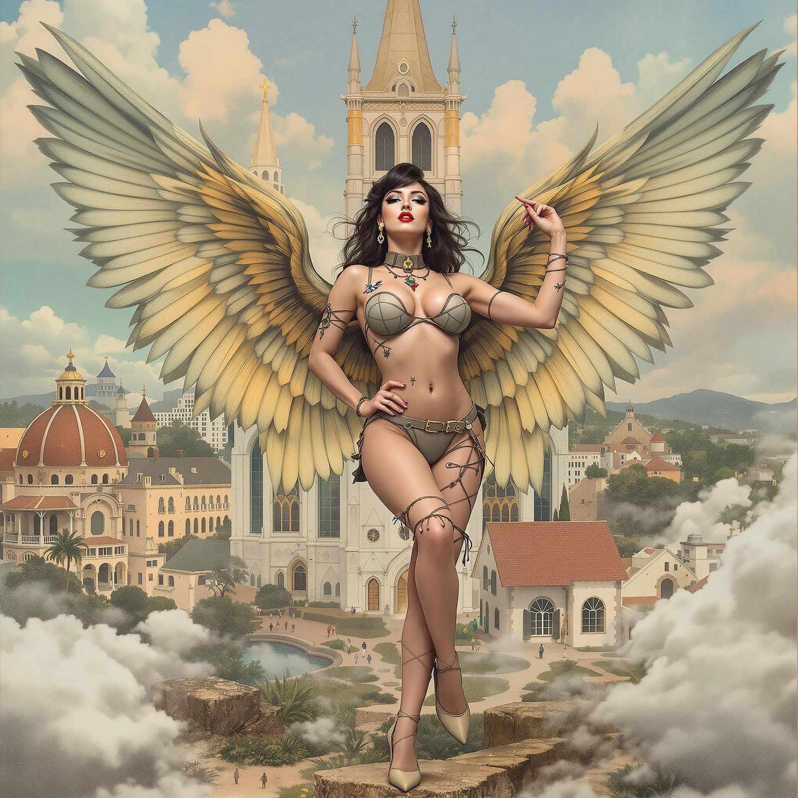 Woman with Angel Wings in Surreal Landscape