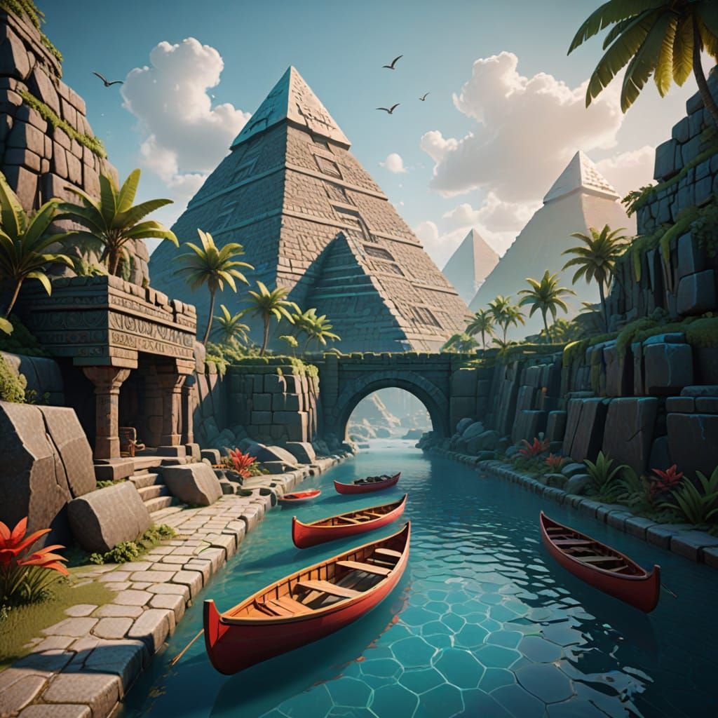 Aztec Causeway Tapestry Art with Glowing Pyramids